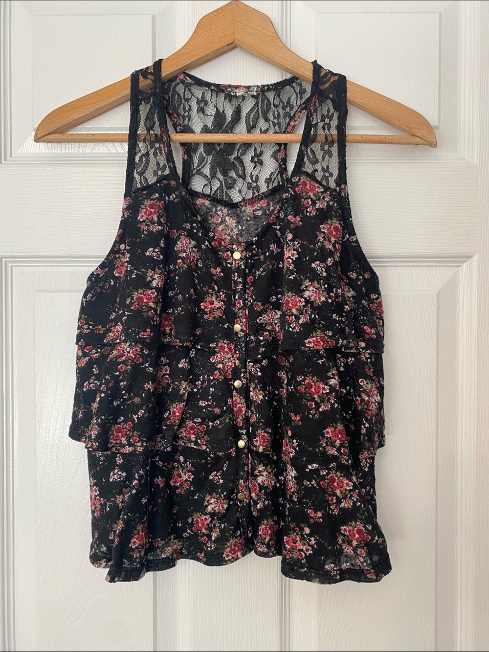 Black Lace on Back/Front Wide Strap Floral Tiered Camisole Top with Pink Floral